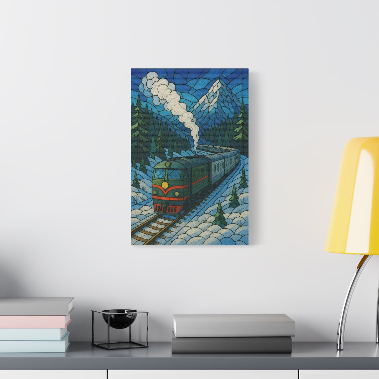 Stained Glass Train Wall Art – Scenic Mountain Railway Print for Cabin, Lodge, or Rustic Decor