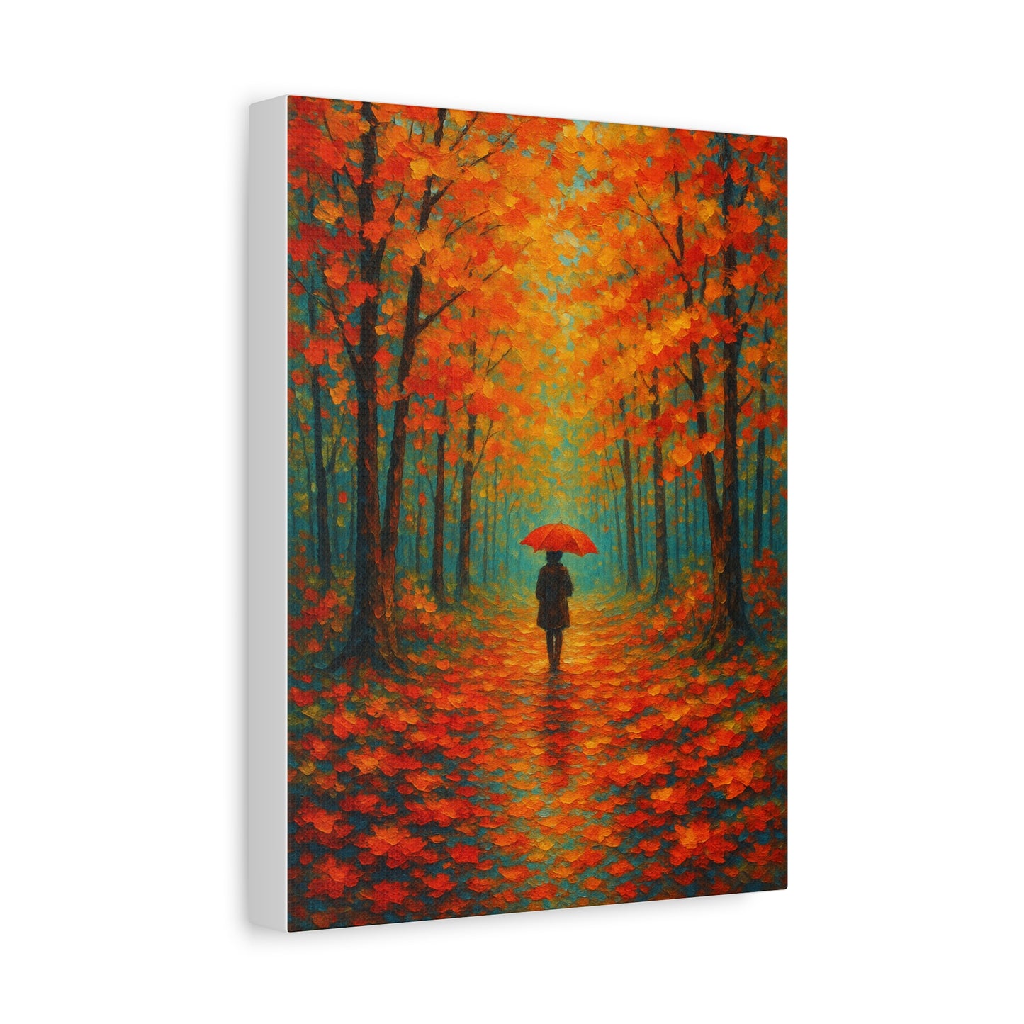 Autumn Forest Wall Art Print – Fall Leaves Pathway with Red Umbrella | Cozy Seasonal Landscape Decor