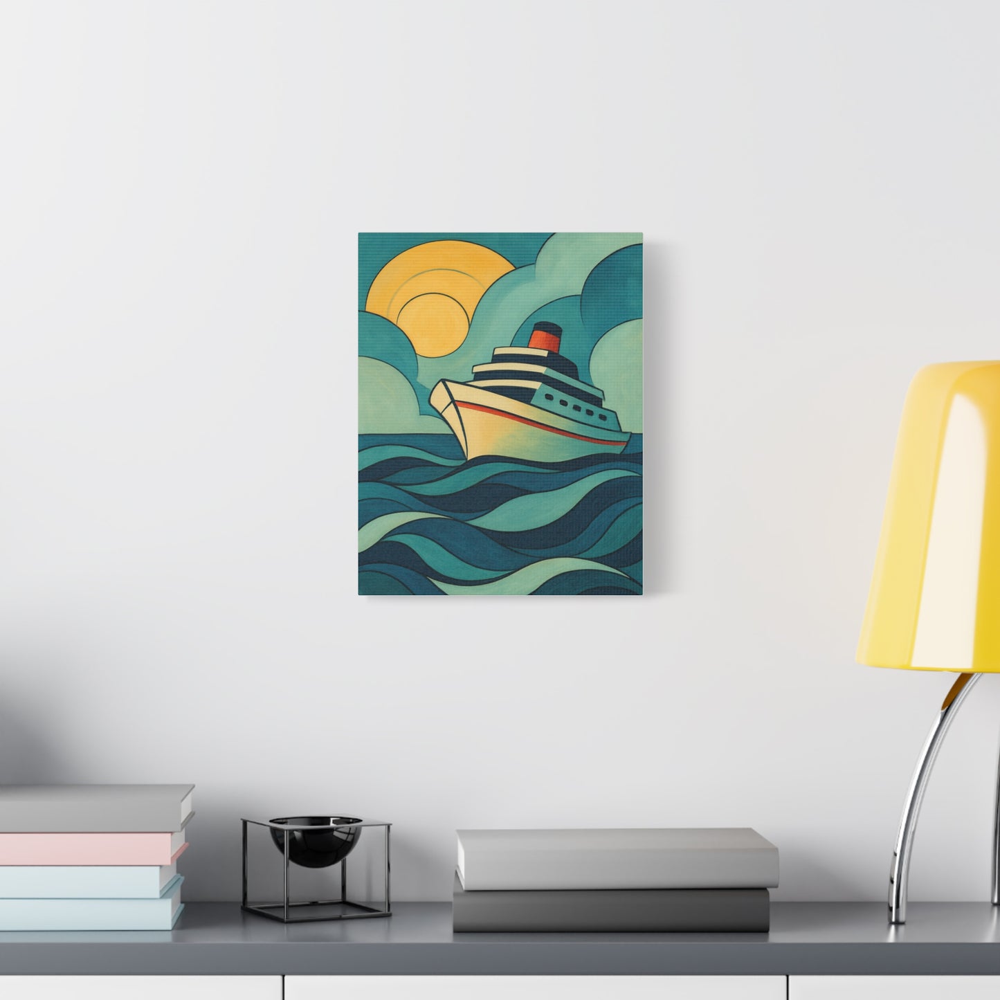 Retro Cruise Ship Wall Art – Bold Ocean Waves and Sunset Canvas Print for Coastal or Nautical Decor