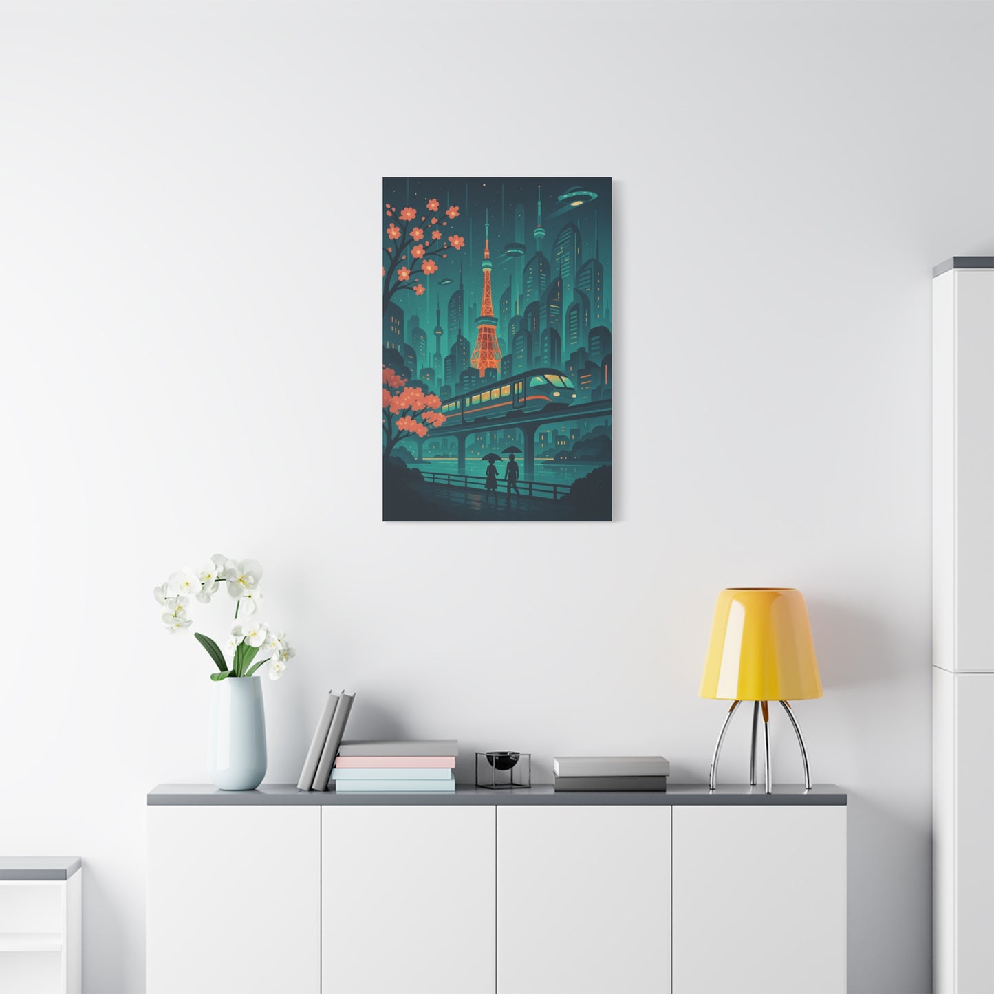 Futuristic Tokyo Cityscape Wall Art – Neon Sci-Fi Train Print with Cherry Blossoms & UFOs | Cyberpunk Decor