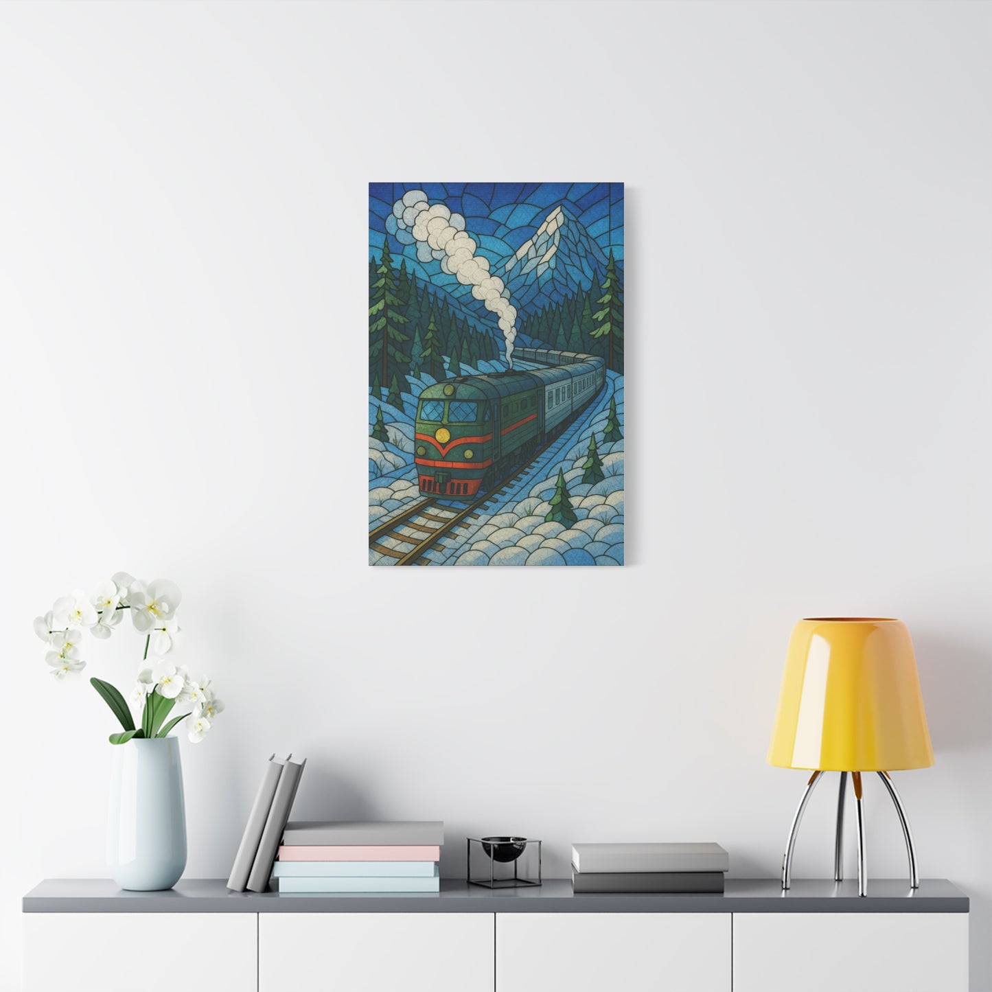Stained Glass Train Wall Art – Scenic Mountain Railway Print for Cabin, Lodge, or Rustic Decor