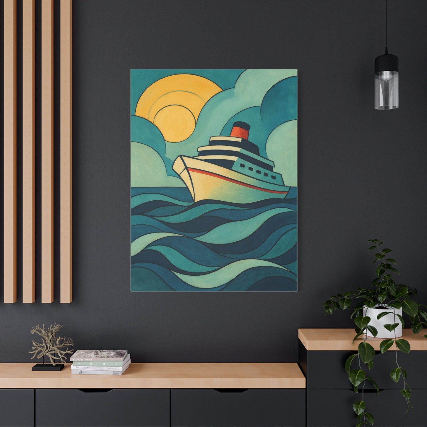 Retro Cruise Ship Wall Art – Bold Ocean Waves and Sunset Canvas Print for Coastal or Nautical Decor