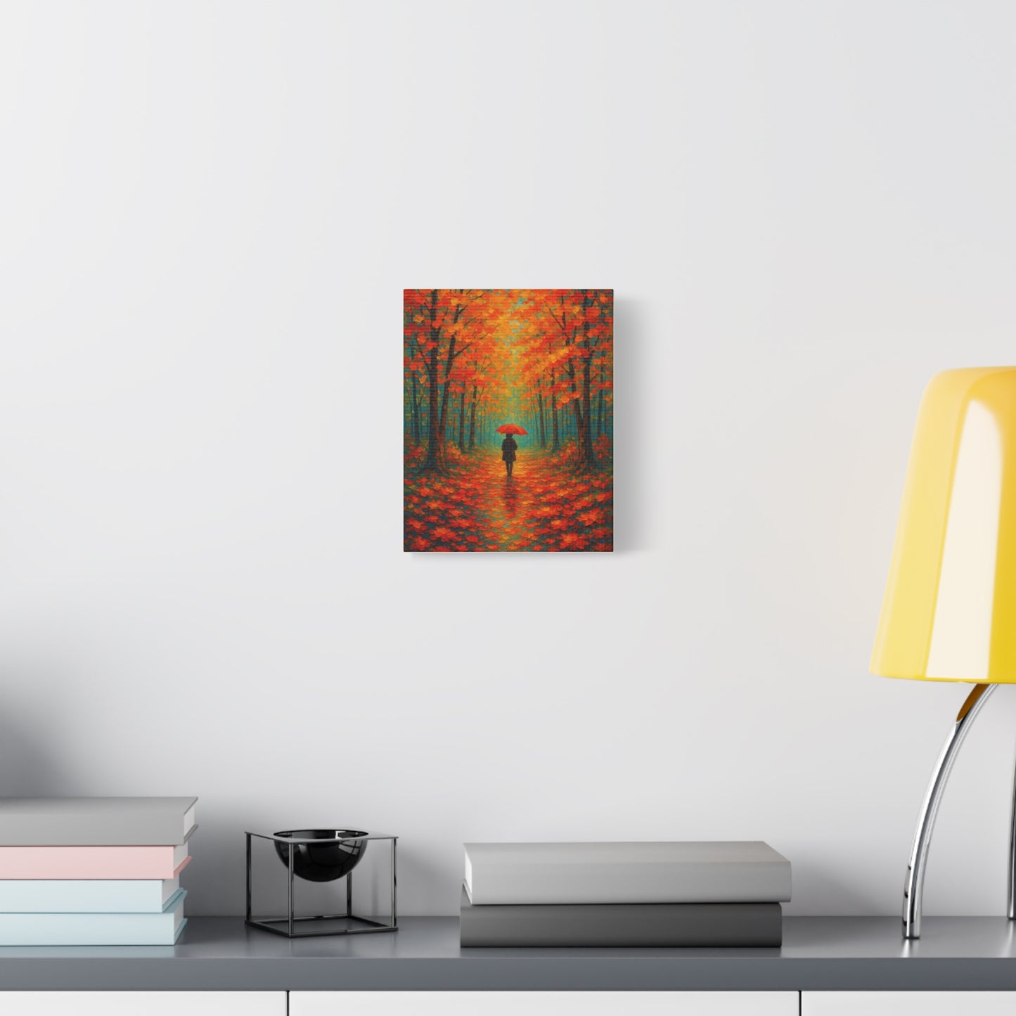 Autumn Forest Wall Art Print – Fall Leaves Pathway with Red Umbrella | Cozy Seasonal Landscape Decor