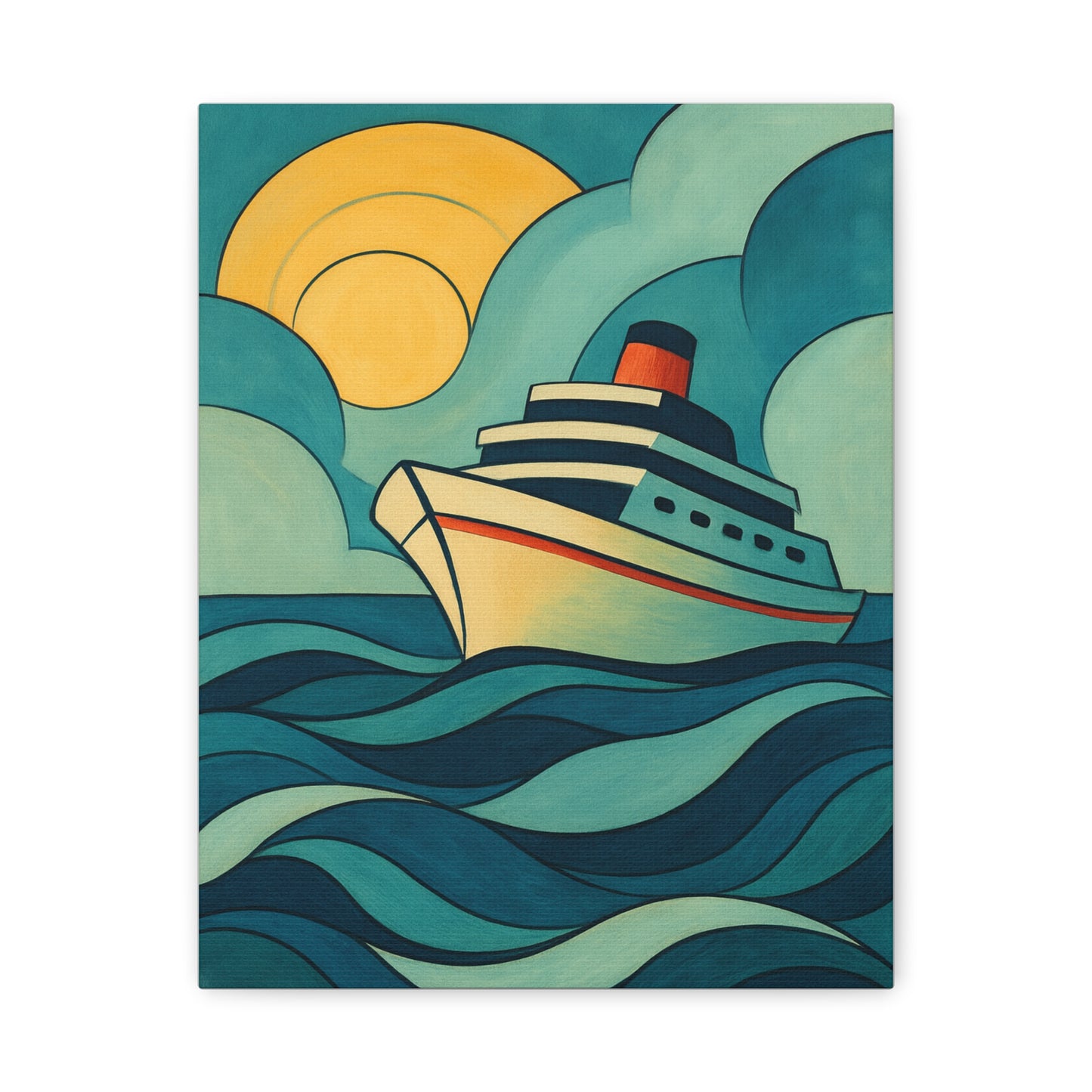 Retro Cruise Ship Wall Art – Bold Ocean Waves and Sunset Canvas Print for Coastal or Nautical Decor