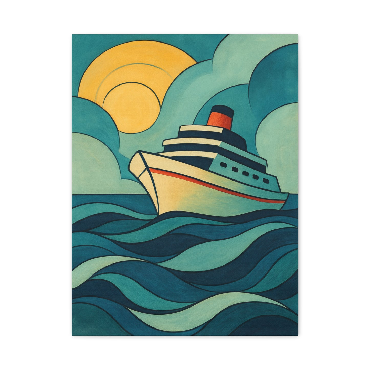 Retro Cruise Ship Wall Art – Bold Ocean Waves and Sunset Canvas Print for Coastal or Nautical Decor