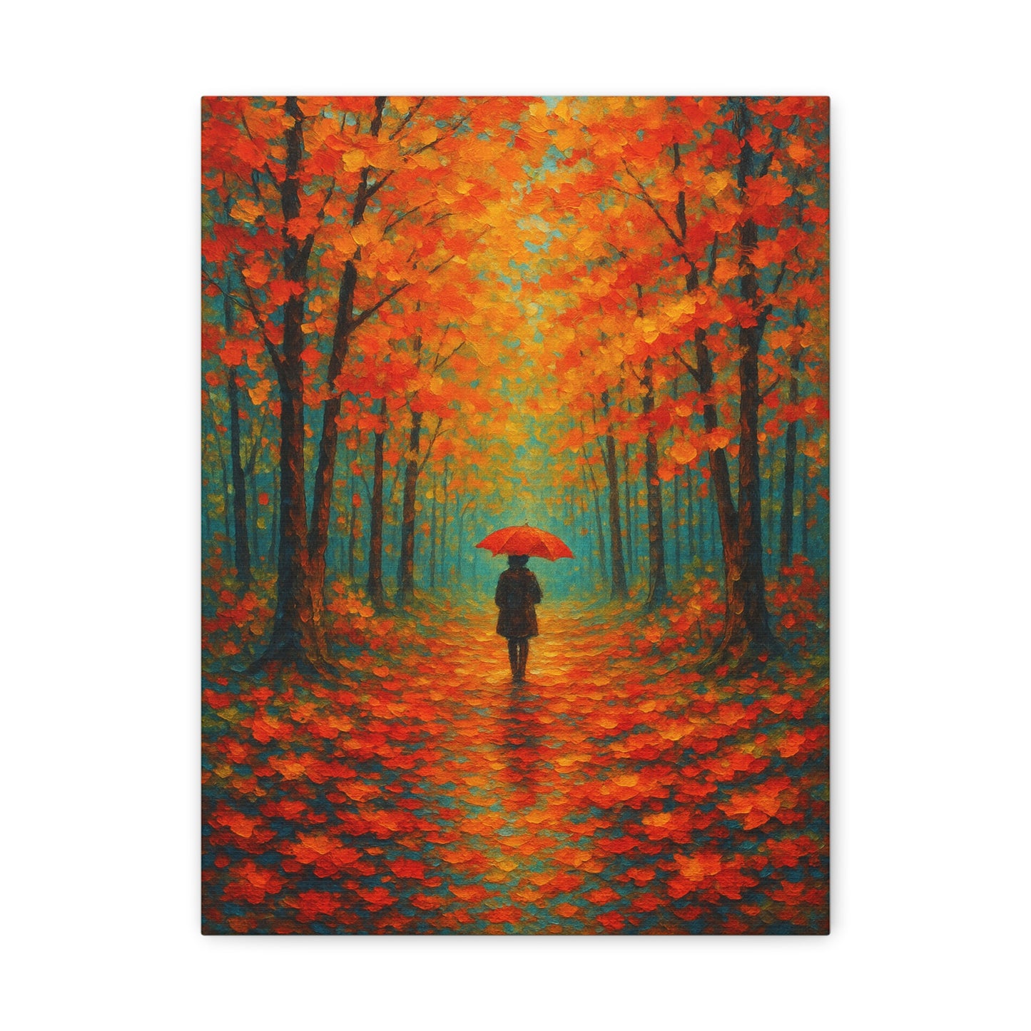 Autumn Forest Wall Art Print – Fall Leaves Pathway with Red Umbrella | Cozy Seasonal Landscape Decor