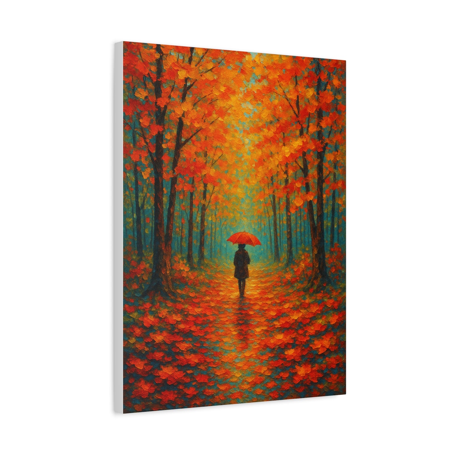Autumn Forest Wall Art Print – Fall Leaves Pathway with Red Umbrella | Cozy Seasonal Landscape Decor
