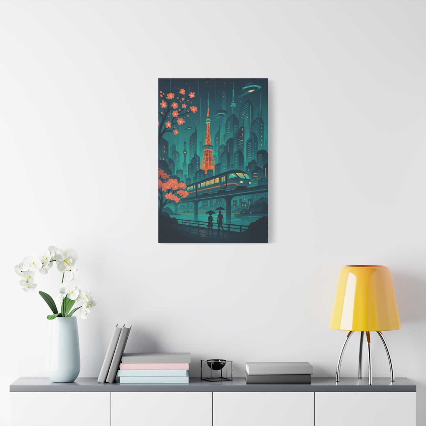 Futuristic Tokyo Cityscape Wall Art – Neon Sci-Fi Train Print with Cherry Blossoms & UFOs | Cyberpunk Decor