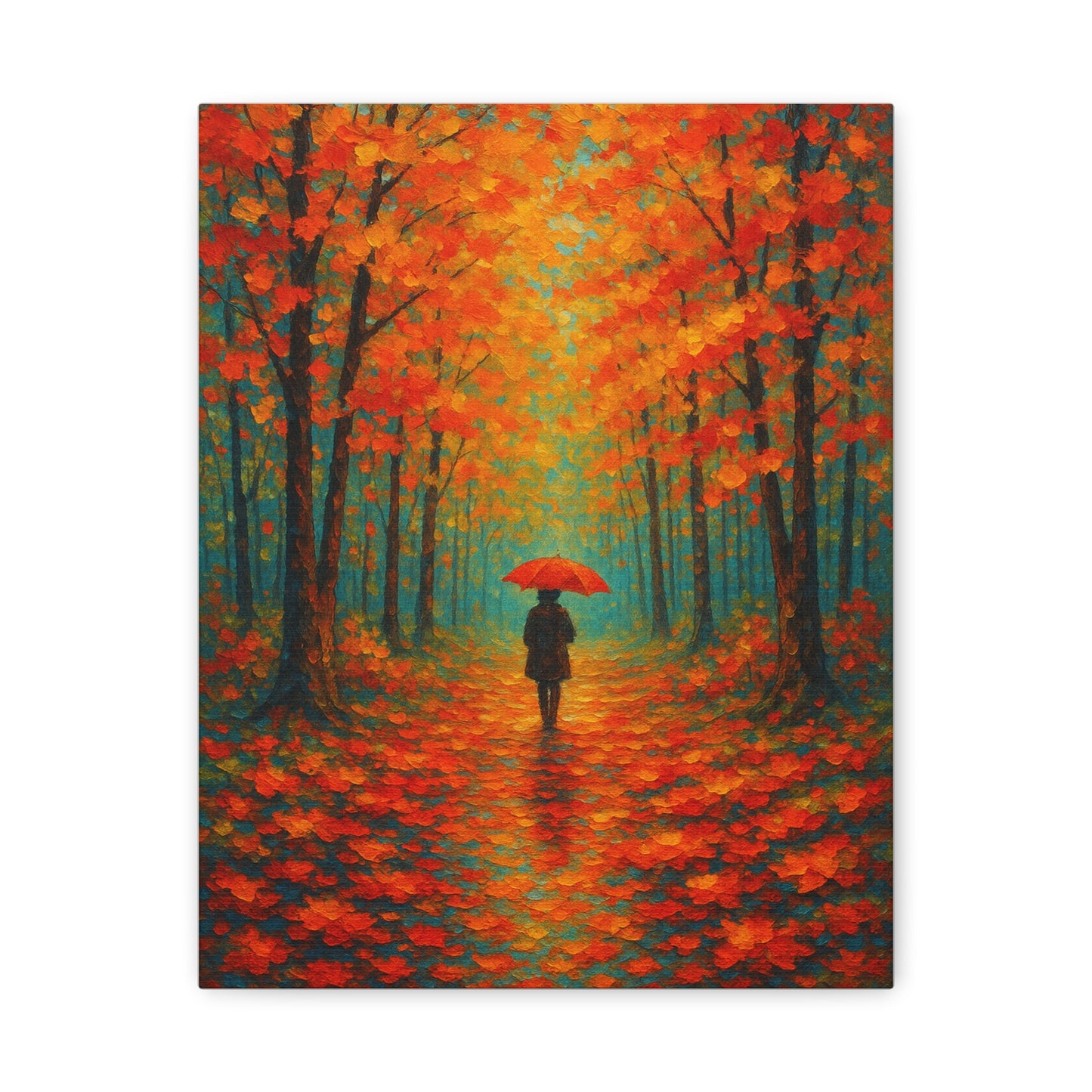 Autumn Forest Wall Art Print – Fall Leaves Pathway with Red Umbrella | Cozy Seasonal Landscape Decor