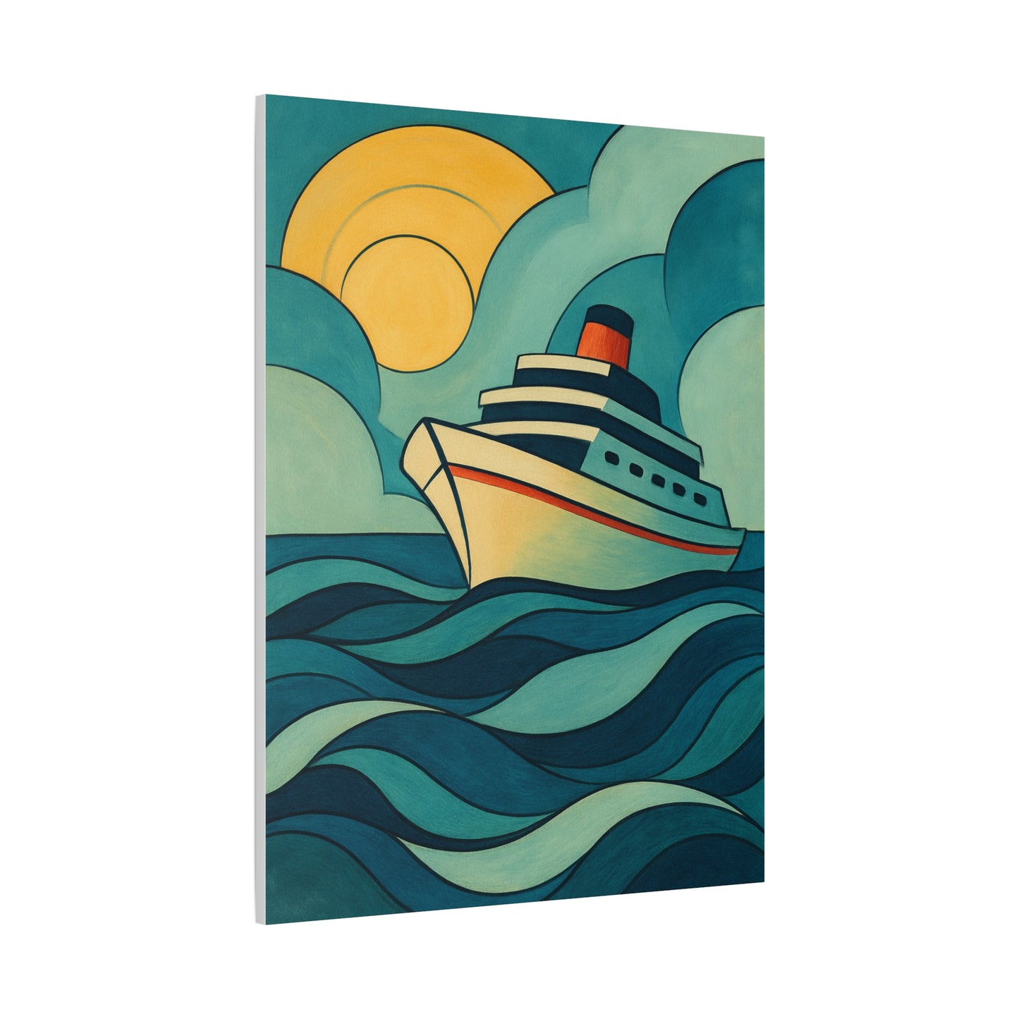 Retro Cruise Ship Wall Art – Bold Ocean Waves and Sunset Canvas Print for Coastal or Nautical Decor