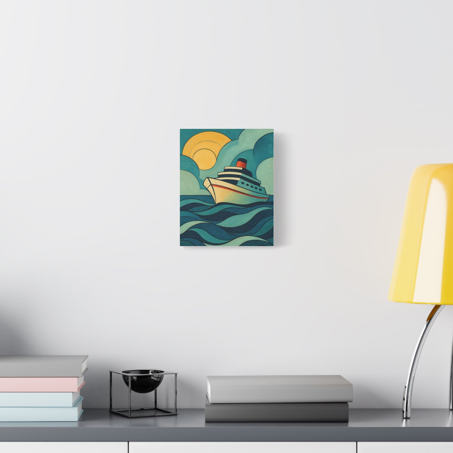 Retro Cruise Ship Wall Art – Bold Ocean Waves and Sunset Canvas Print for Coastal or Nautical Decor