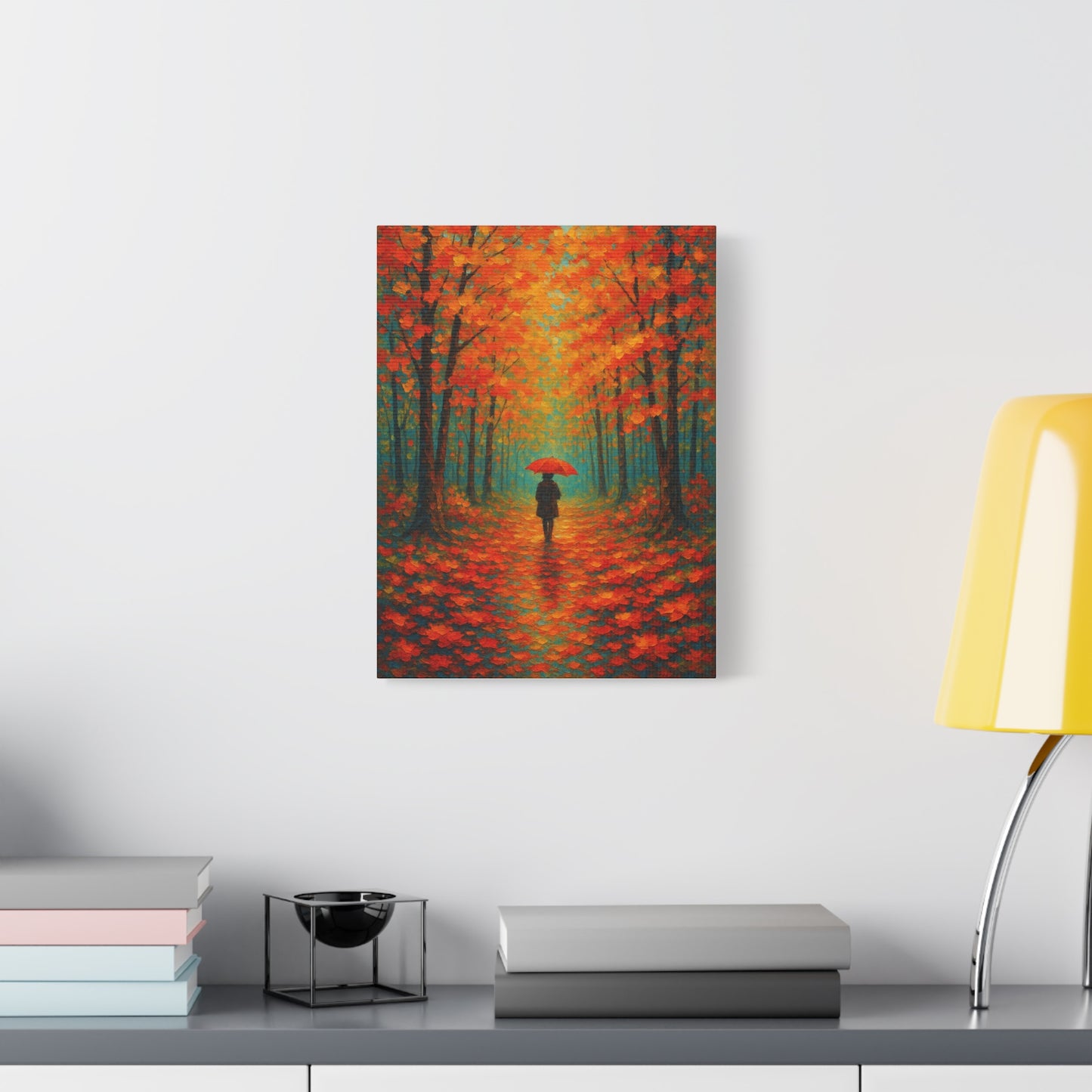 Autumn Forest Wall Art Print – Fall Leaves Pathway with Red Umbrella | Cozy Seasonal Landscape Decor