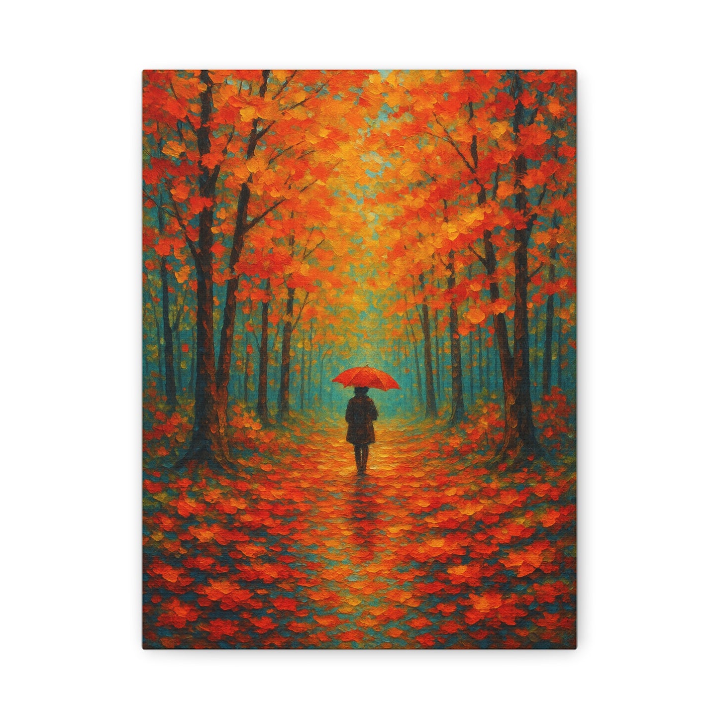 Autumn Forest Wall Art Print – Fall Leaves Pathway with Red Umbrella | Cozy Seasonal Landscape Decor