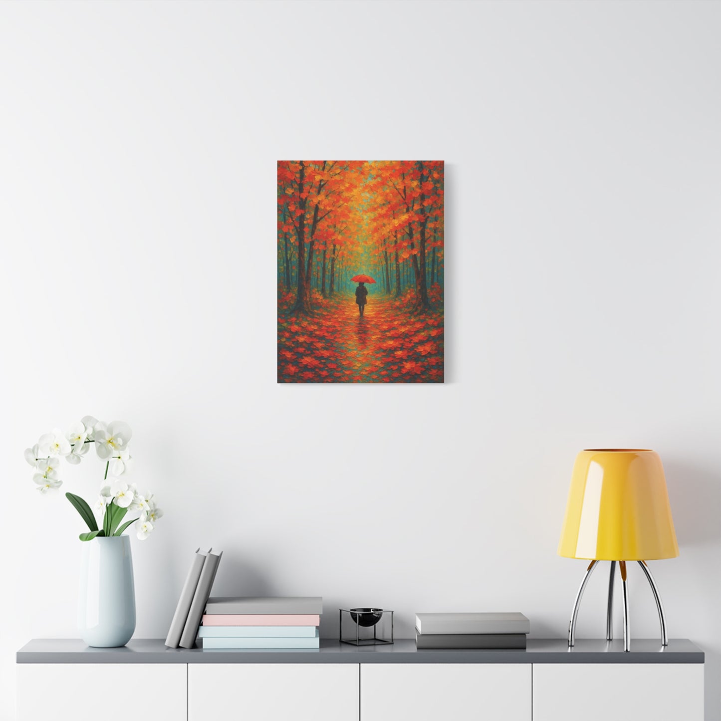 Autumn Forest Wall Art Print – Fall Leaves Pathway with Red Umbrella | Cozy Seasonal Landscape Decor