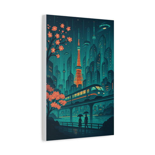 Futuristic Tokyo Cityscape Wall Art – Neon Sci-Fi Train Print with Cherry Blossoms & UFOs | Cyberpunk Decor
