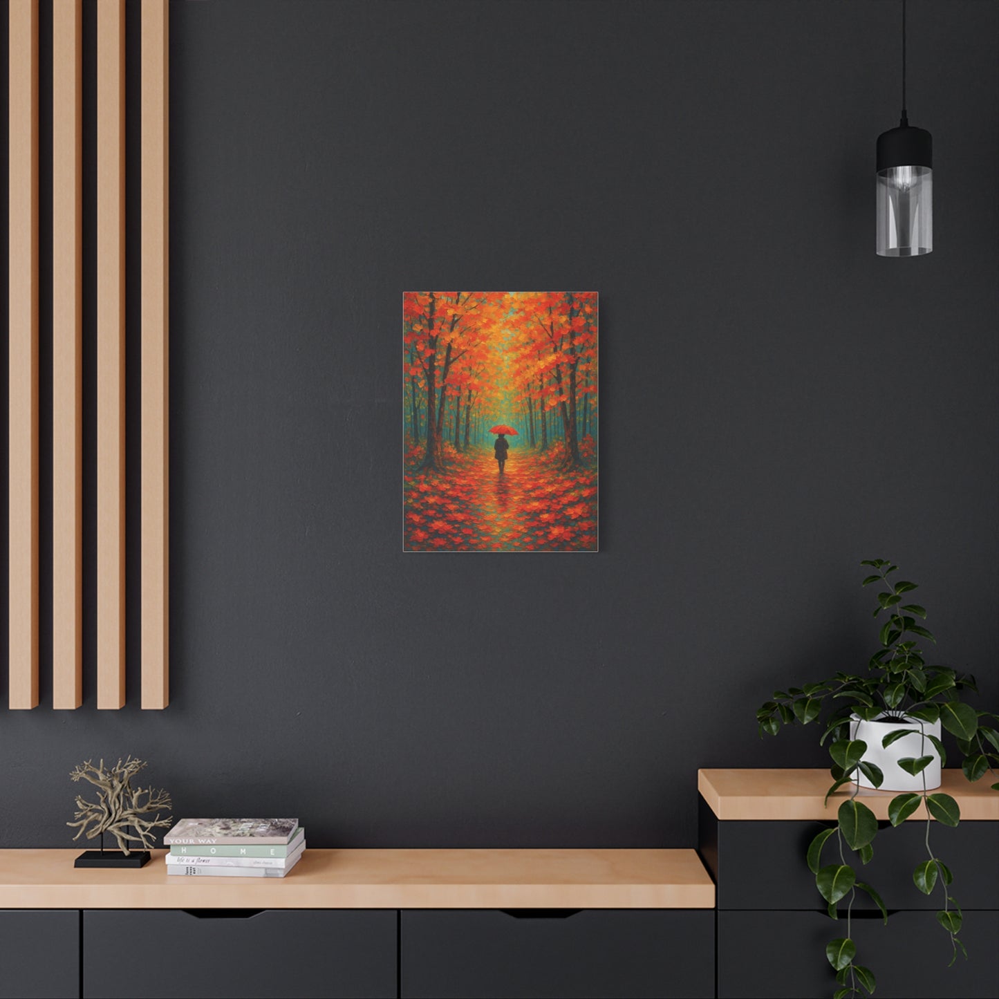 Autumn Forest Wall Art Print – Fall Leaves Pathway with Red Umbrella | Cozy Seasonal Landscape Decor