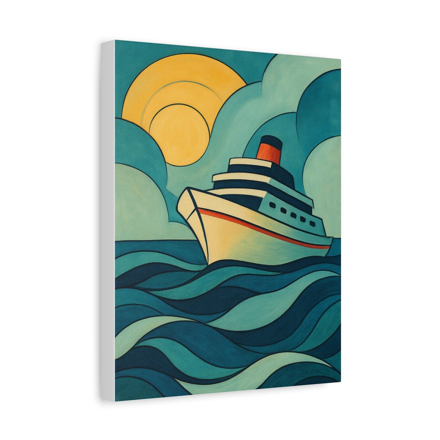 Retro Cruise Ship Wall Art – Bold Ocean Waves and Sunset Canvas Print for Coastal or Nautical Decor