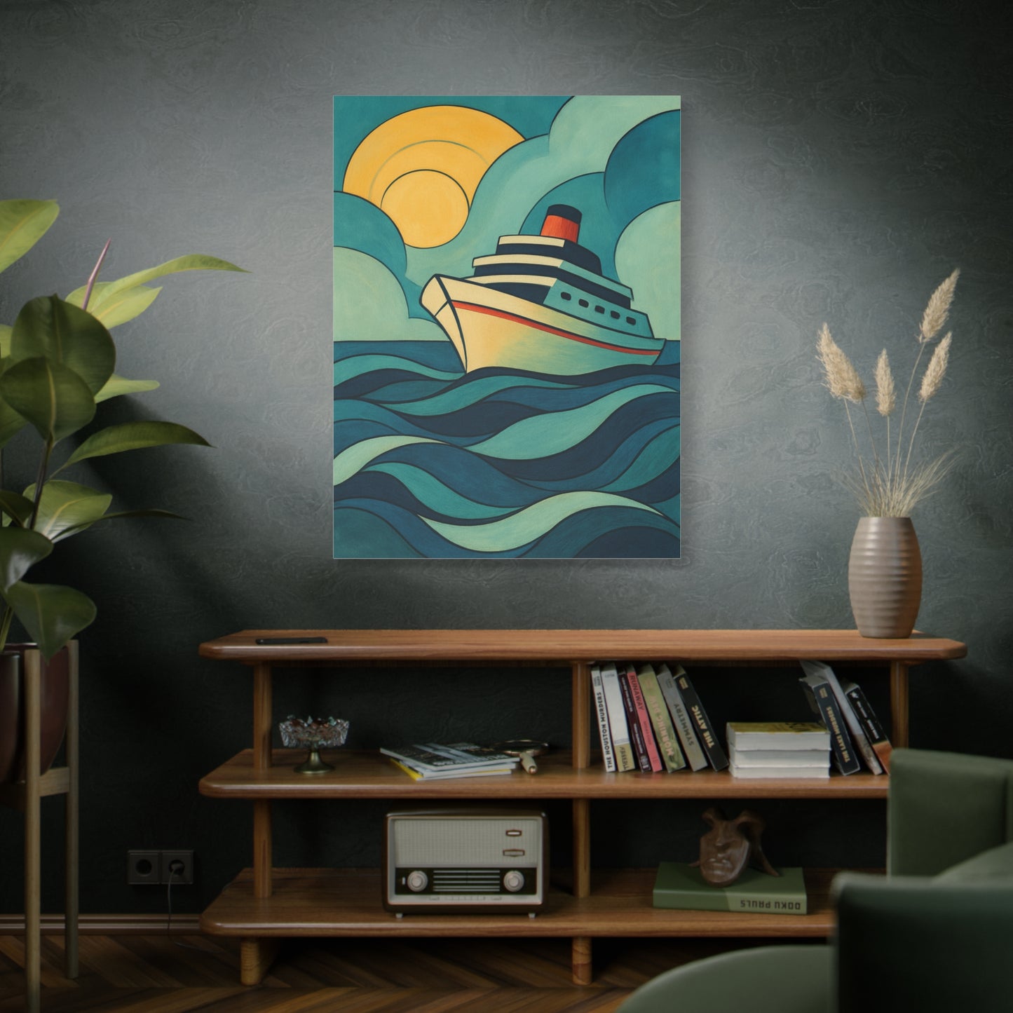 Retro Cruise Ship Wall Art – Bold Ocean Waves and Sunset Canvas Print for Coastal or Nautical Decor