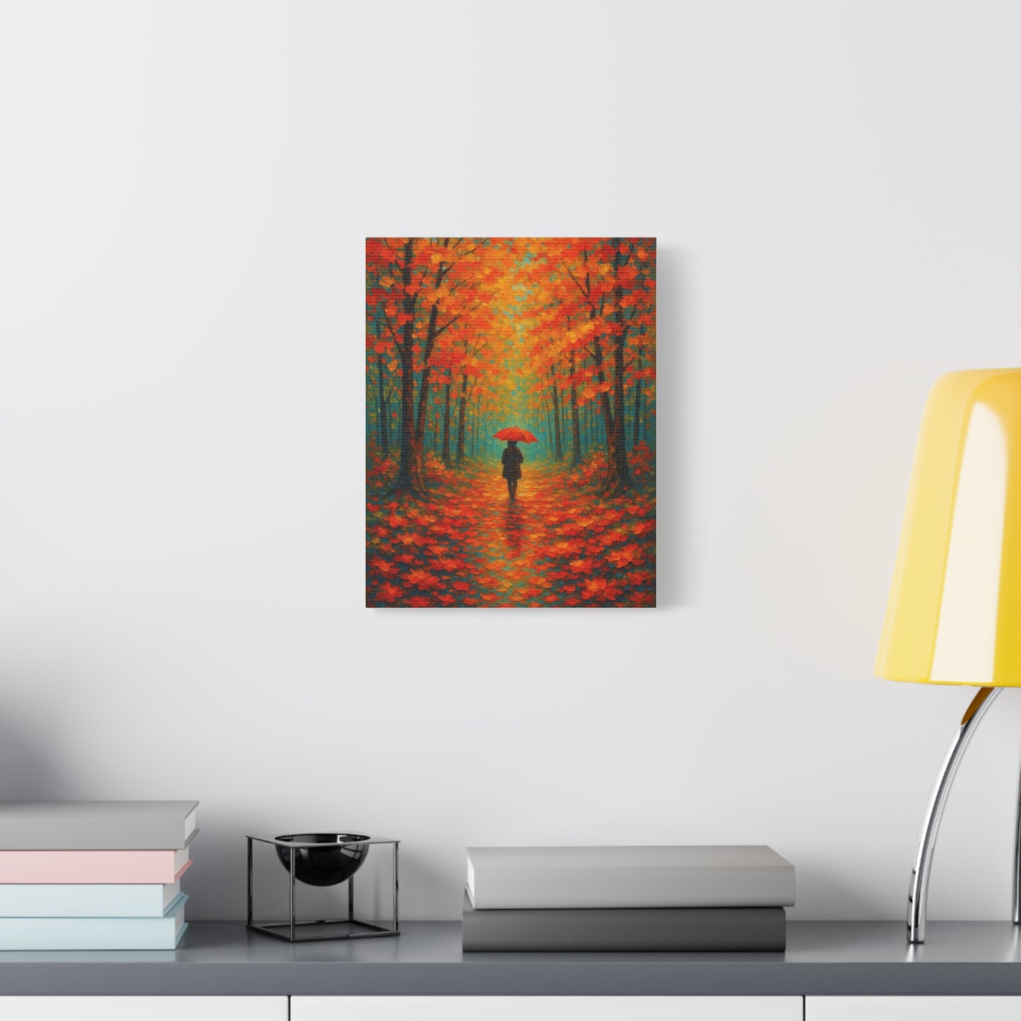 Autumn Forest Wall Art Print – Fall Leaves Pathway with Red Umbrella | Cozy Seasonal Landscape Decor