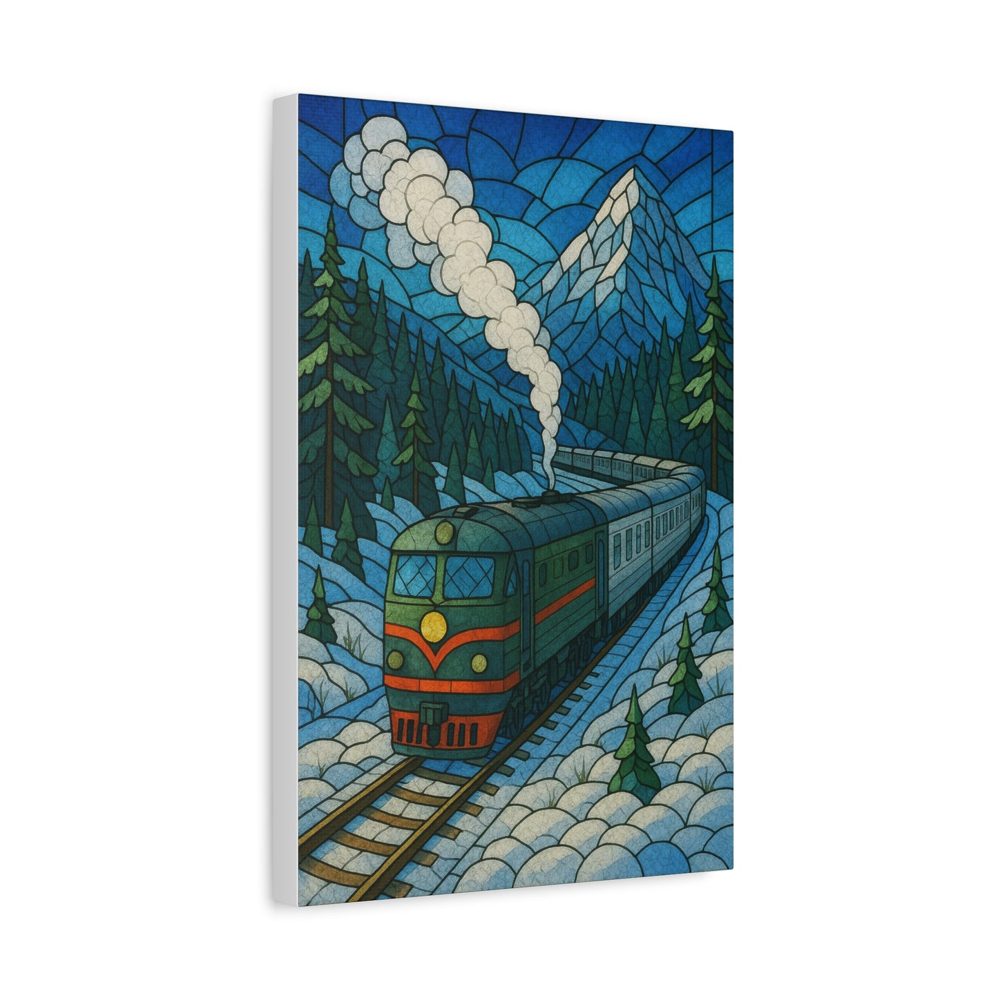 Stained Glass Train Wall Art – Scenic Mountain Railway Print for Cabin, Lodge, or Rustic Decor