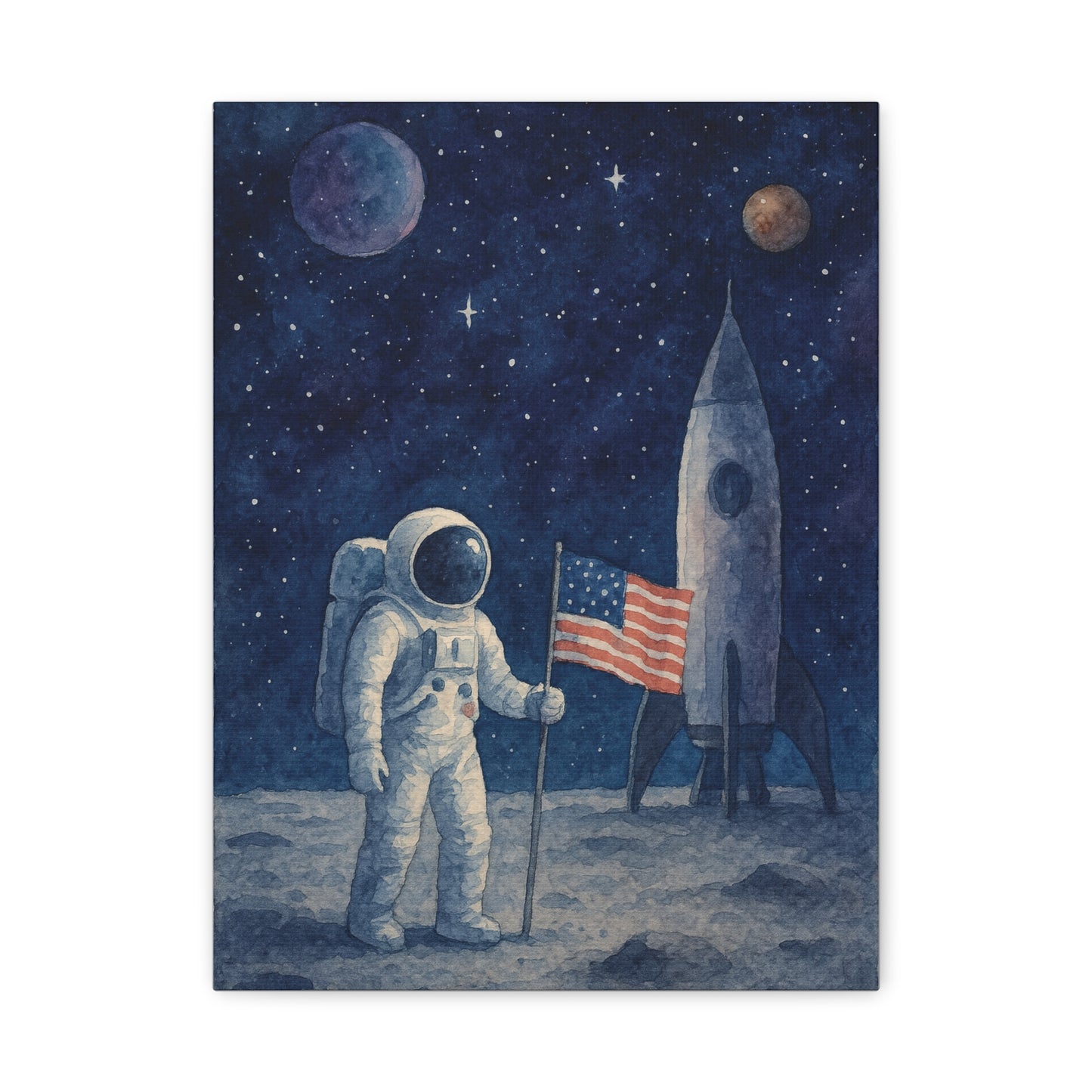 Astronaut on the Moon Wall Art – Watercolor Space Canvas Print with Rocket and American Flag