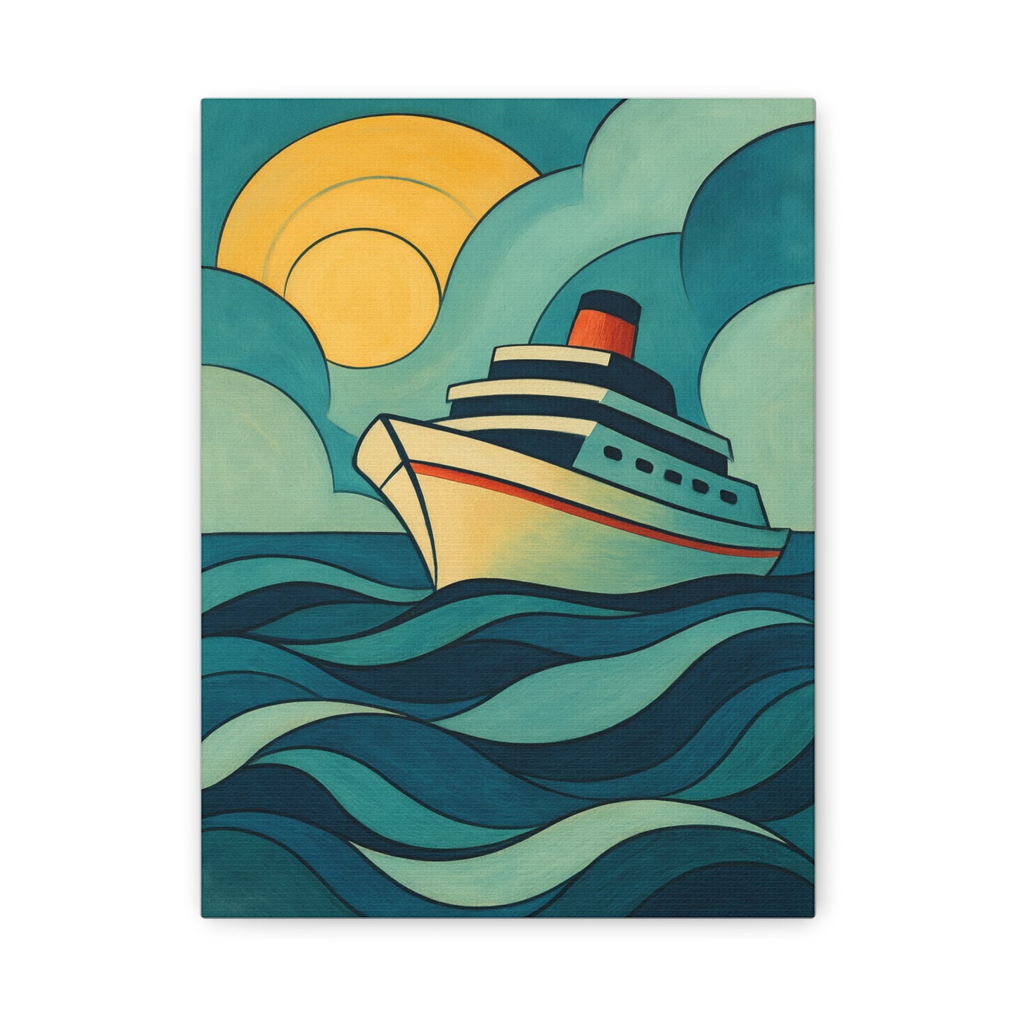 Retro Cruise Ship Wall Art – Bold Ocean Waves and Sunset Canvas Print for Coastal or Nautical Decor