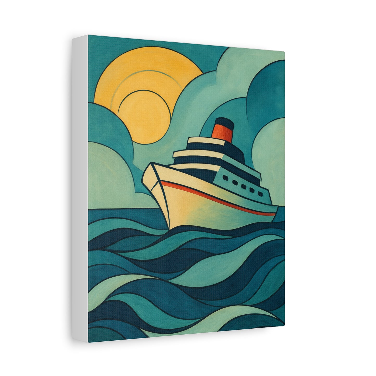 Retro Cruise Ship Wall Art – Bold Ocean Waves and Sunset Canvas Print for Coastal or Nautical Decor