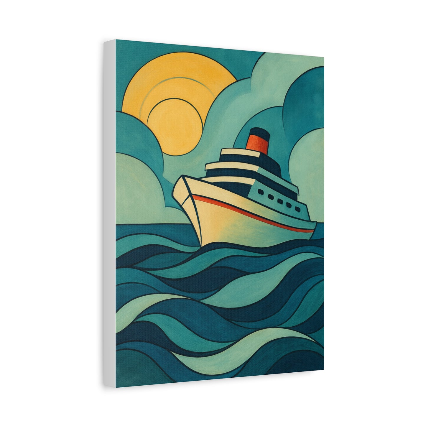 Retro Cruise Ship Wall Art – Bold Ocean Waves and Sunset Canvas Print for Coastal or Nautical Decor