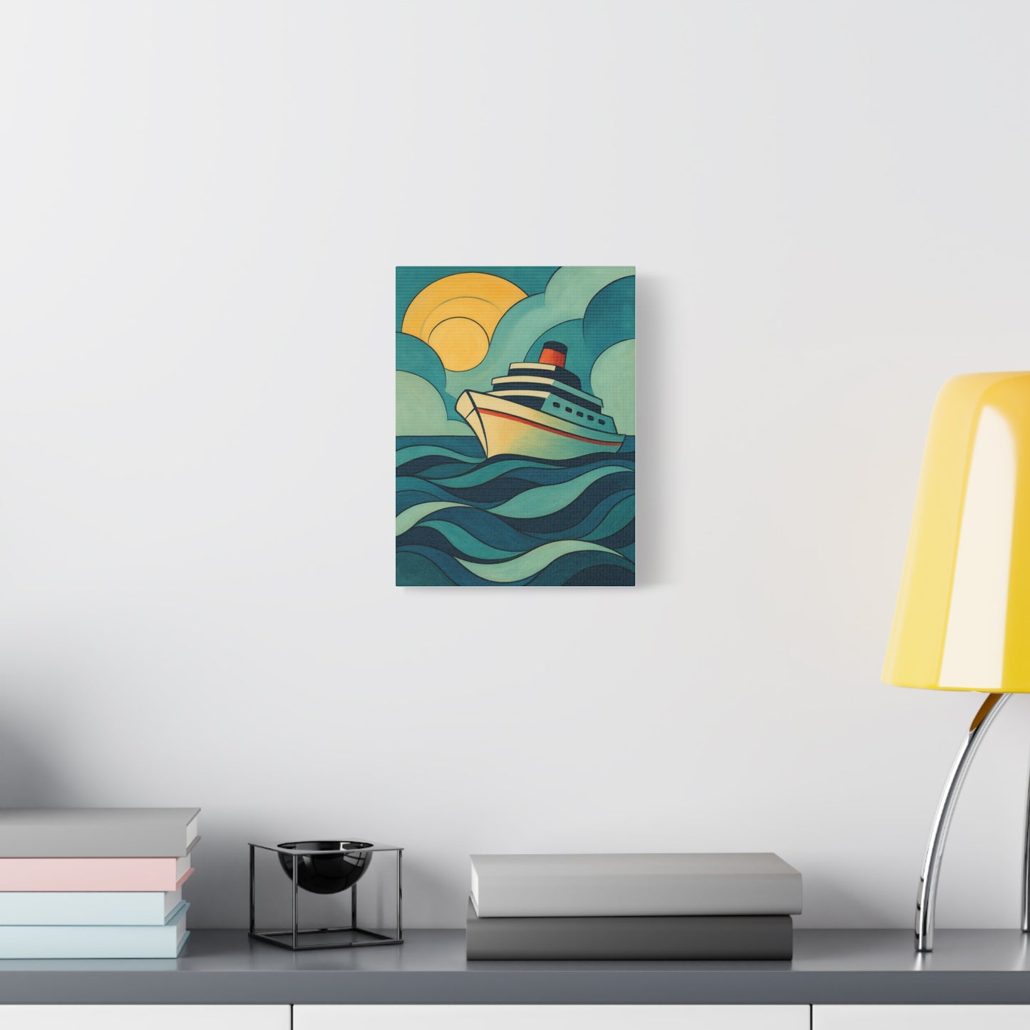 Retro Cruise Ship Wall Art – Bold Ocean Waves and Sunset Canvas Print for Coastal or Nautical Decor
