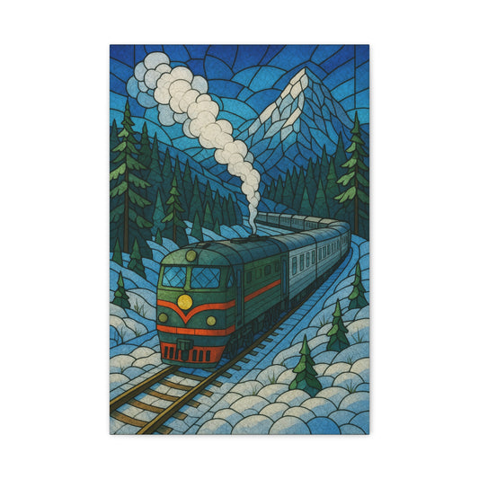 Stained Glass Train Wall Art – Scenic Mountain Railway Print for Cabin, Lodge, or Rustic Decor
