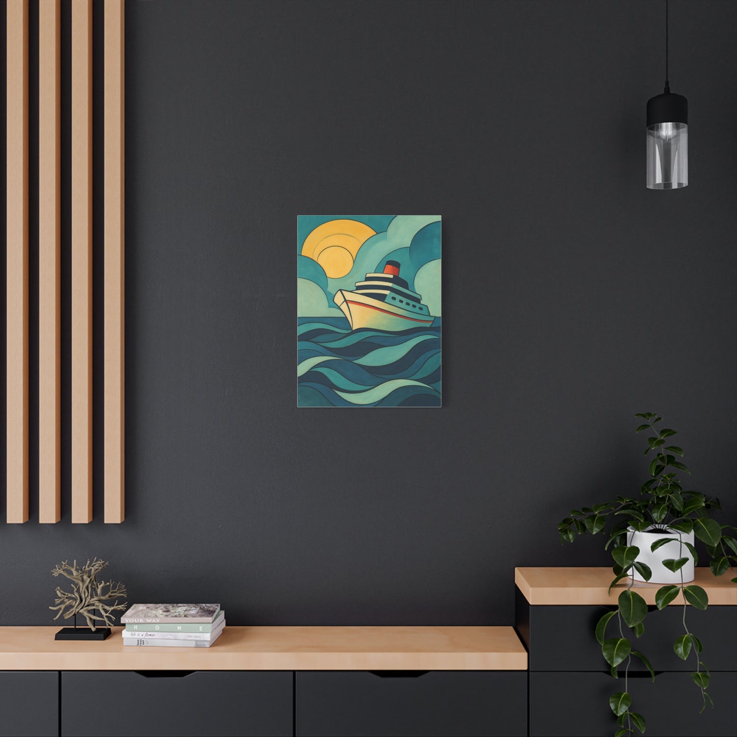 Retro Cruise Ship Wall Art – Bold Ocean Waves and Sunset Canvas Print for Coastal or Nautical Decor