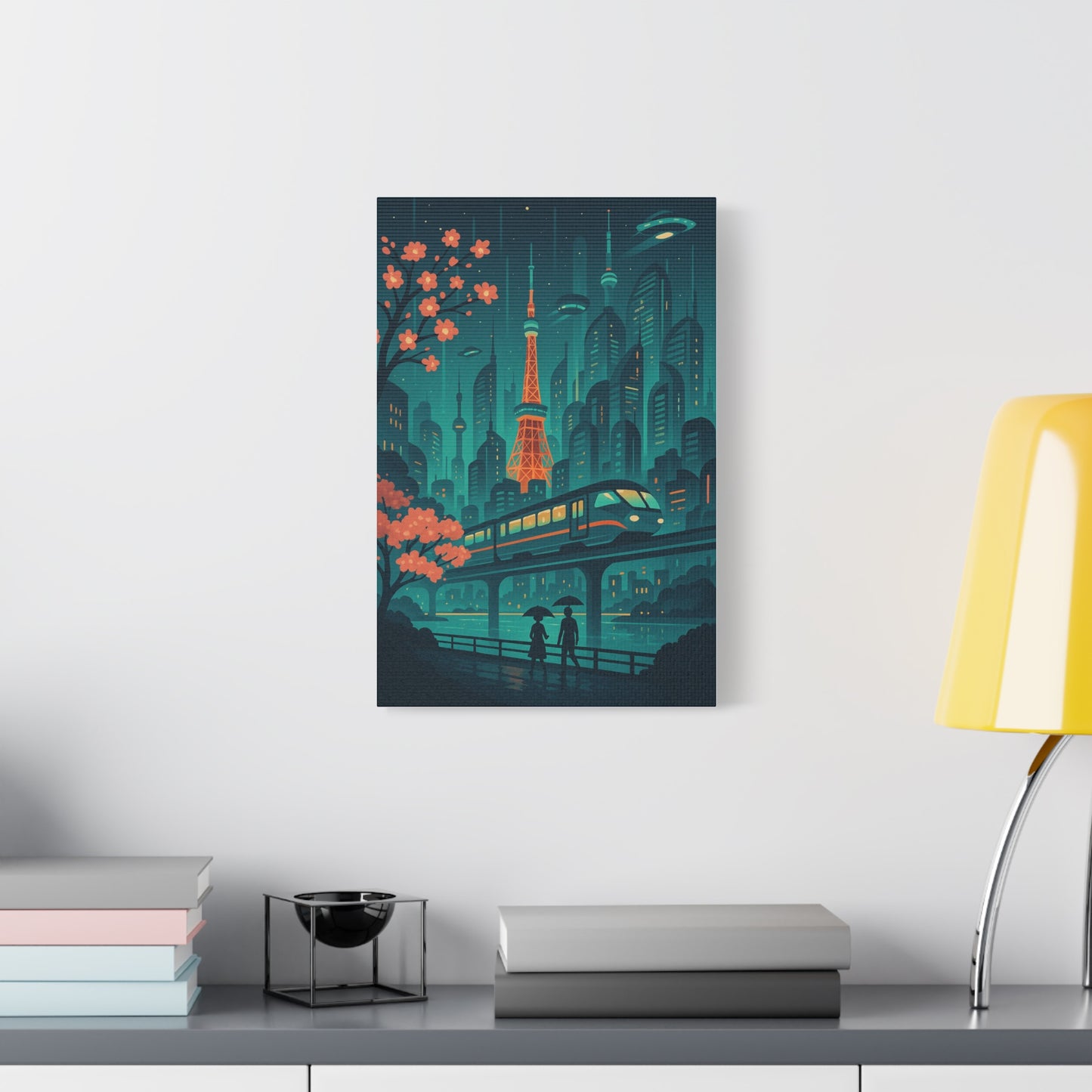 Futuristic Tokyo Cityscape Wall Art – Neon Sci-Fi Train Print with Cherry Blossoms & UFOs | Cyberpunk Decor