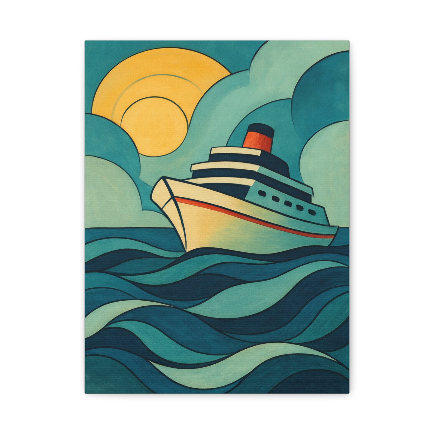 Retro Cruise Ship Wall Art – Bold Ocean Waves and Sunset Canvas Print for Coastal or Nautical Decor