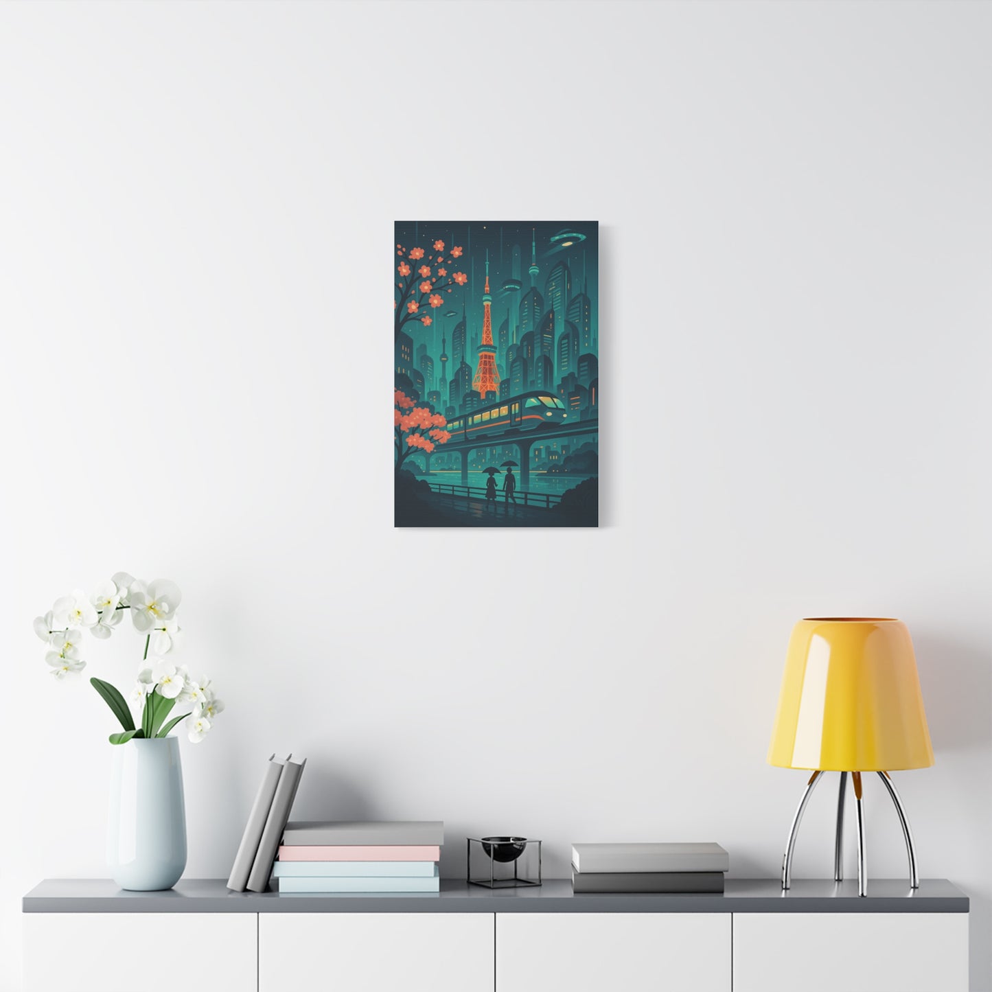 Futuristic Tokyo Cityscape Wall Art – Neon Sci-Fi Train Print with Cherry Blossoms & UFOs | Cyberpunk Decor
