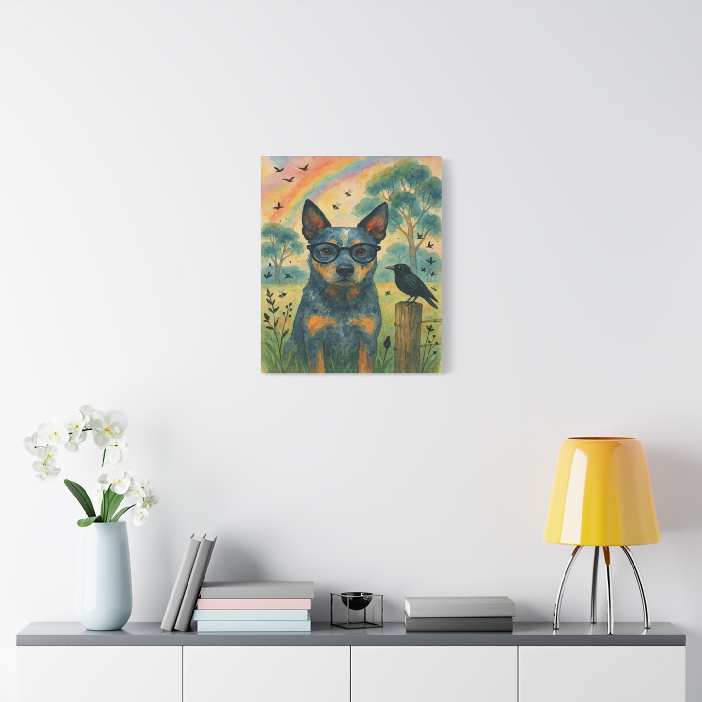Blue Heeler Dog Art Print with Glasses – Whimsical Watercolor Canvas Wall Decor