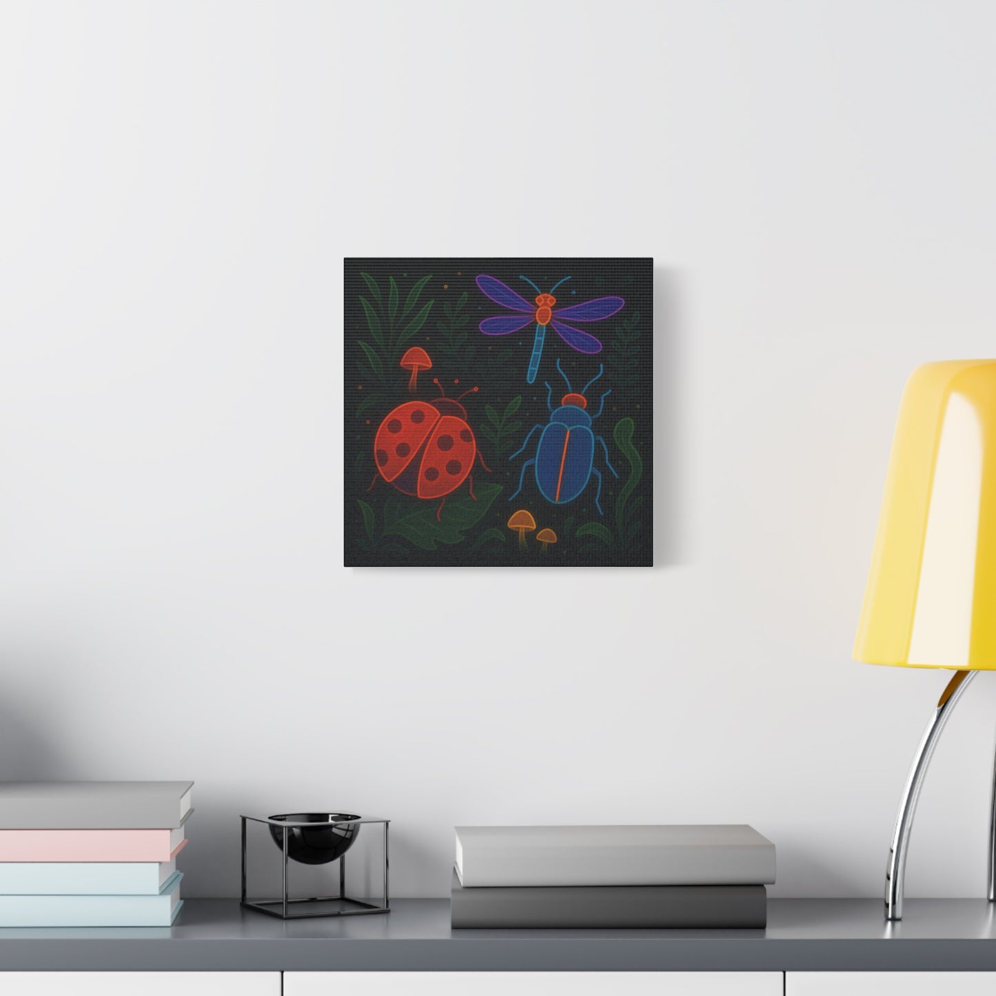 Neon Bug Art Print – Colorful Insects, Dragonfly, and Ladybug Wall Decor | Glow-Inspired Nature Illustration