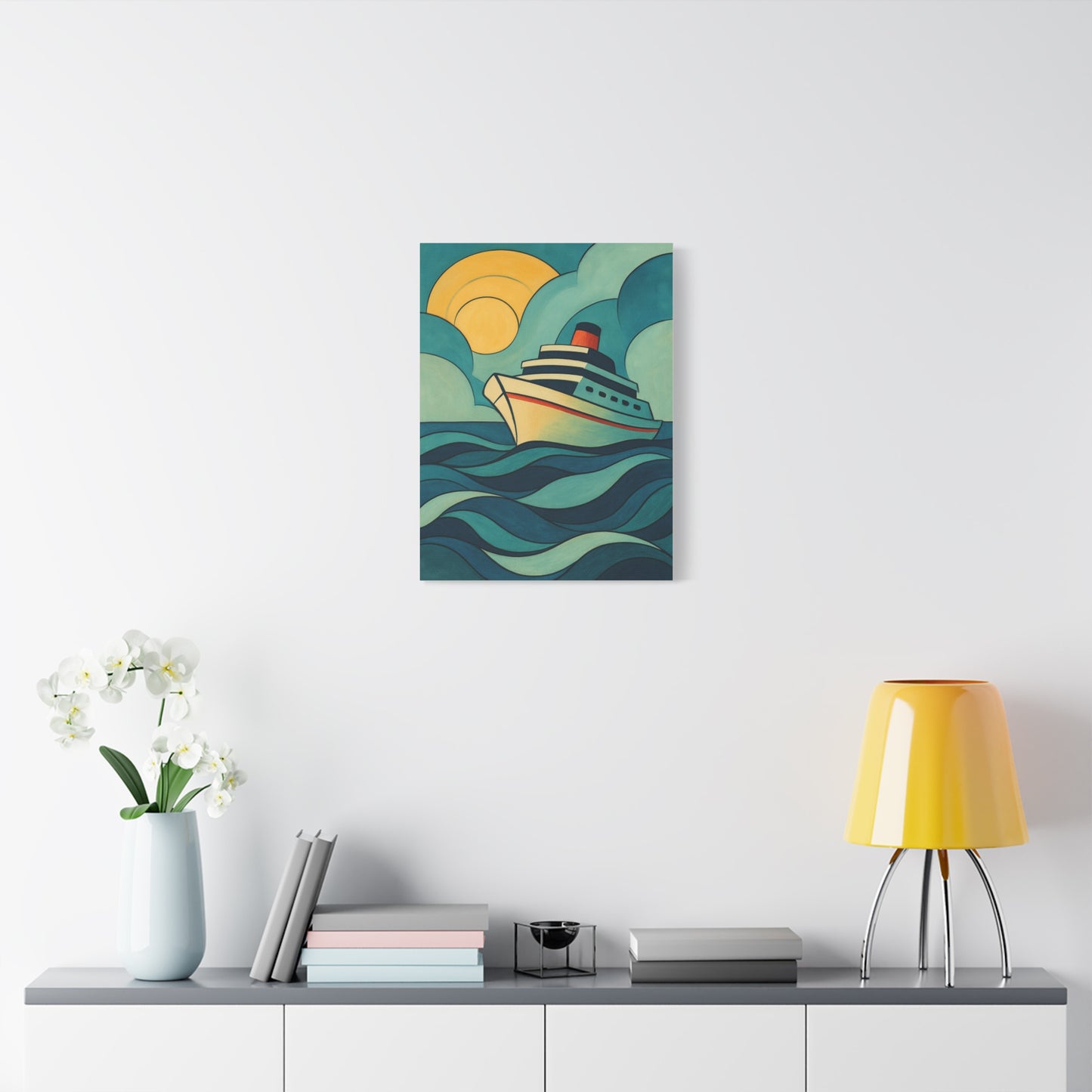 Retro Cruise Ship Wall Art – Bold Ocean Waves and Sunset Canvas Print for Coastal or Nautical Decor