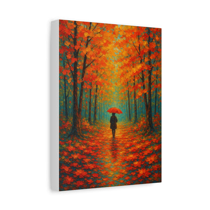 Autumn Forest Wall Art Print – Fall Leaves Pathway with Red Umbrella | Cozy Seasonal Landscape Decor