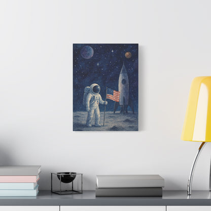 Astronaut on the Moon Wall Art – Watercolor Space Canvas Print with Rocket and American Flag