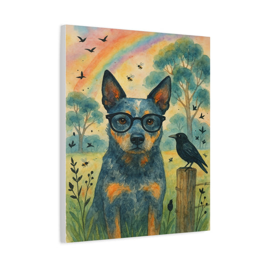 Blue Heeler Dog Art Print with Glasses – Whimsical Watercolor Canvas Wall Decor
