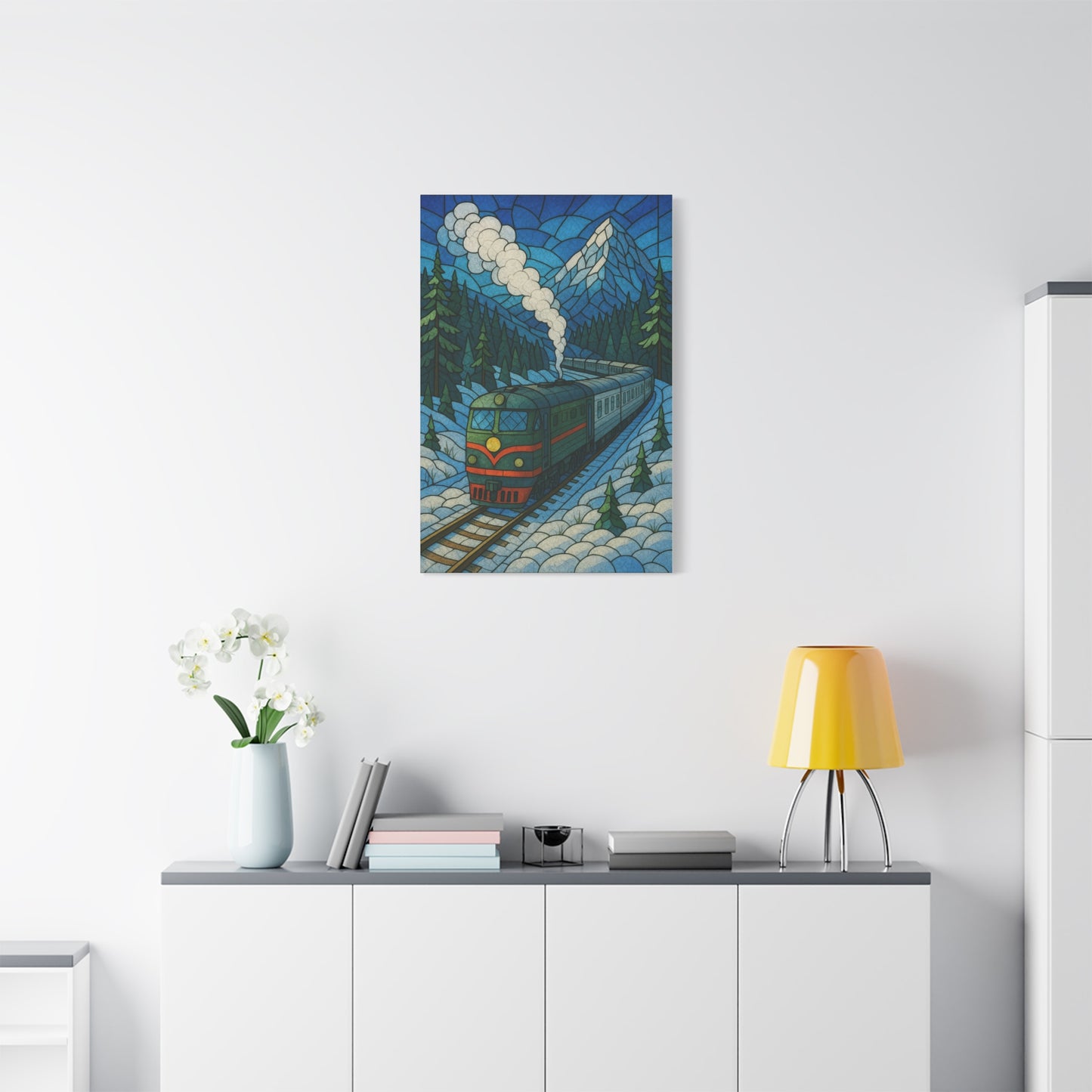 Stained Glass Train Wall Art – Scenic Mountain Railway Print for Cabin, Lodge, or Rustic Decor