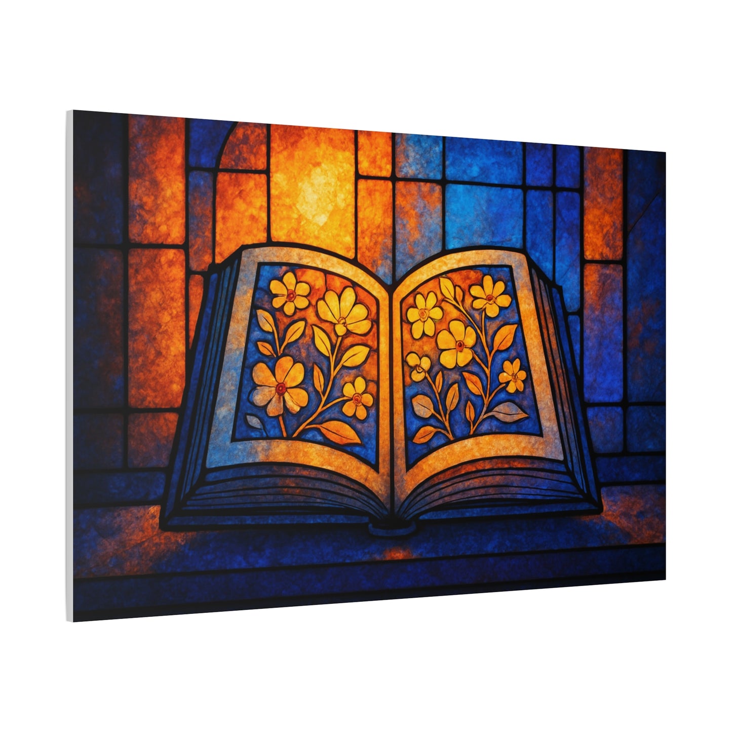 Stained Glass Book Canvas Print, Literary Home Decor, Book Lovers Gift, Colorful Wall Art, Flower Design