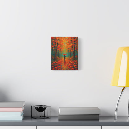 Autumn Forest Wall Art Print – Fall Leaves Pathway with Red Umbrella | Cozy Seasonal Landscape Decor