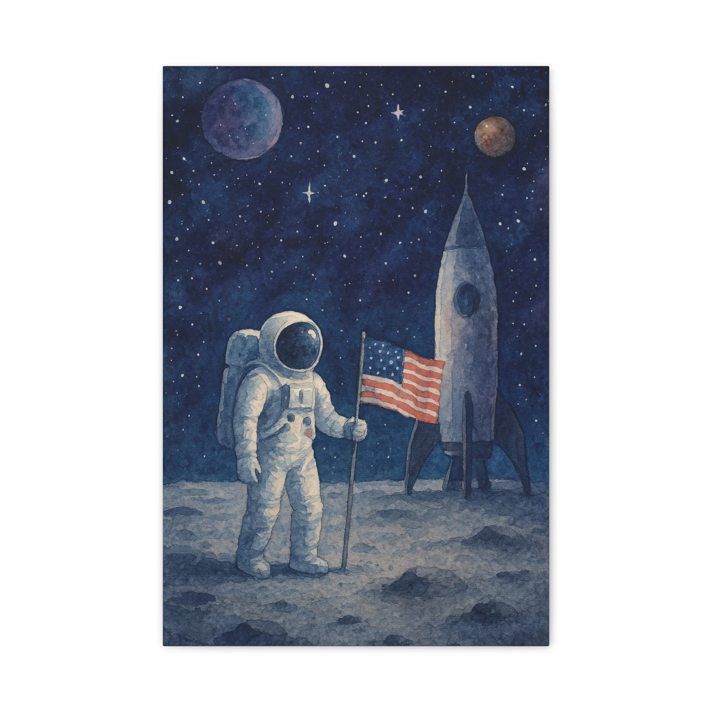 Astronaut on the Moon Wall Art – Watercolor Space Canvas Print with Rocket and American Flag