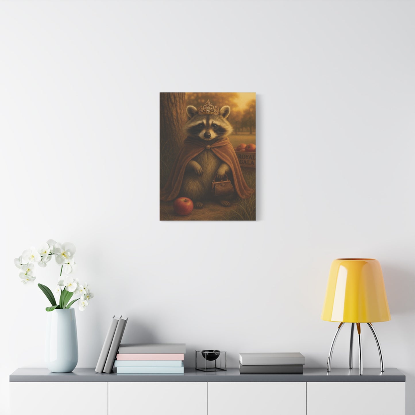 Royal Raccoon Wall Art – Whimsical Woodland Animal Canvas Print with Crown and Cape for Nursery or Cozy Home Decor