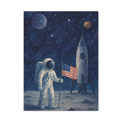 Astronaut on the Moon Wall Art – Watercolor Space Canvas Print with Rocket and American Flag