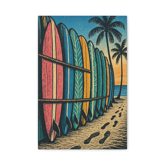 Tropical Surfboard Wall Art – Colorful Beach Print for Coastal, Surf, or Boho Decor | Sunset Ocean Illustration