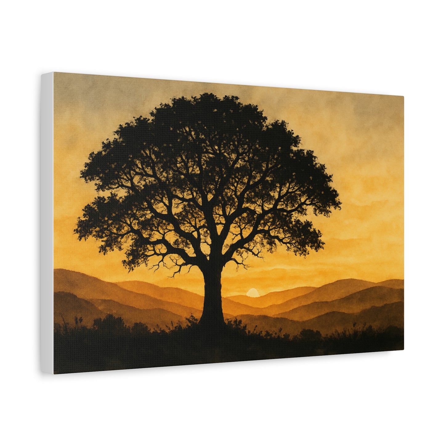 Lone Tree at Sunset – Watercolor Landscape Wall Art on Canvas