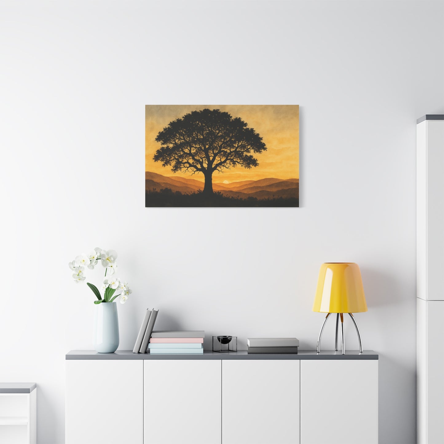 Lone Tree at Sunset – Watercolor Landscape Wall Art on Canvas