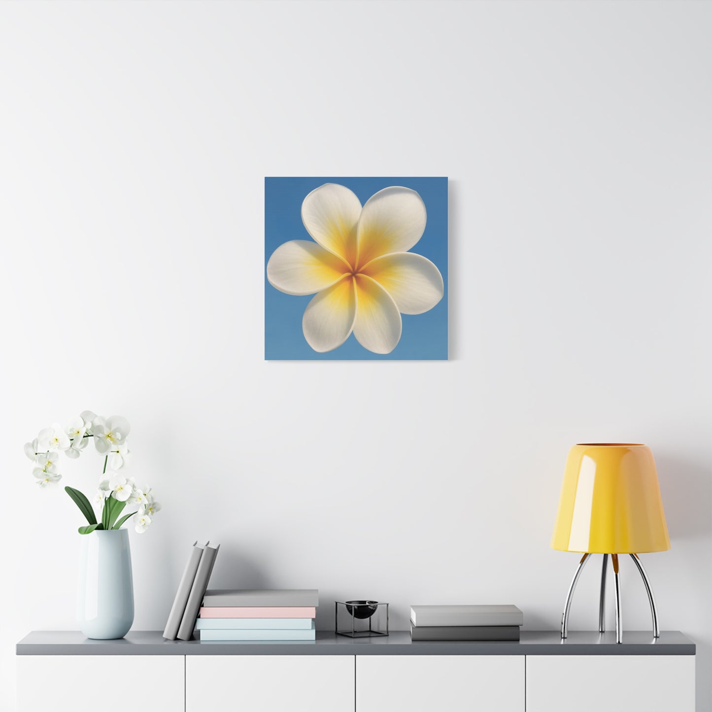 Plumeria Flower Wall Art – Minimalist Tropical Canvas Print with Blue Sky Background
